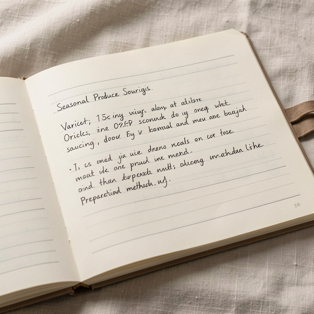 Close-up of a seasonal produce sourcing journal with handwritten notes on variety, origin and preparation method, open on a light linen surface