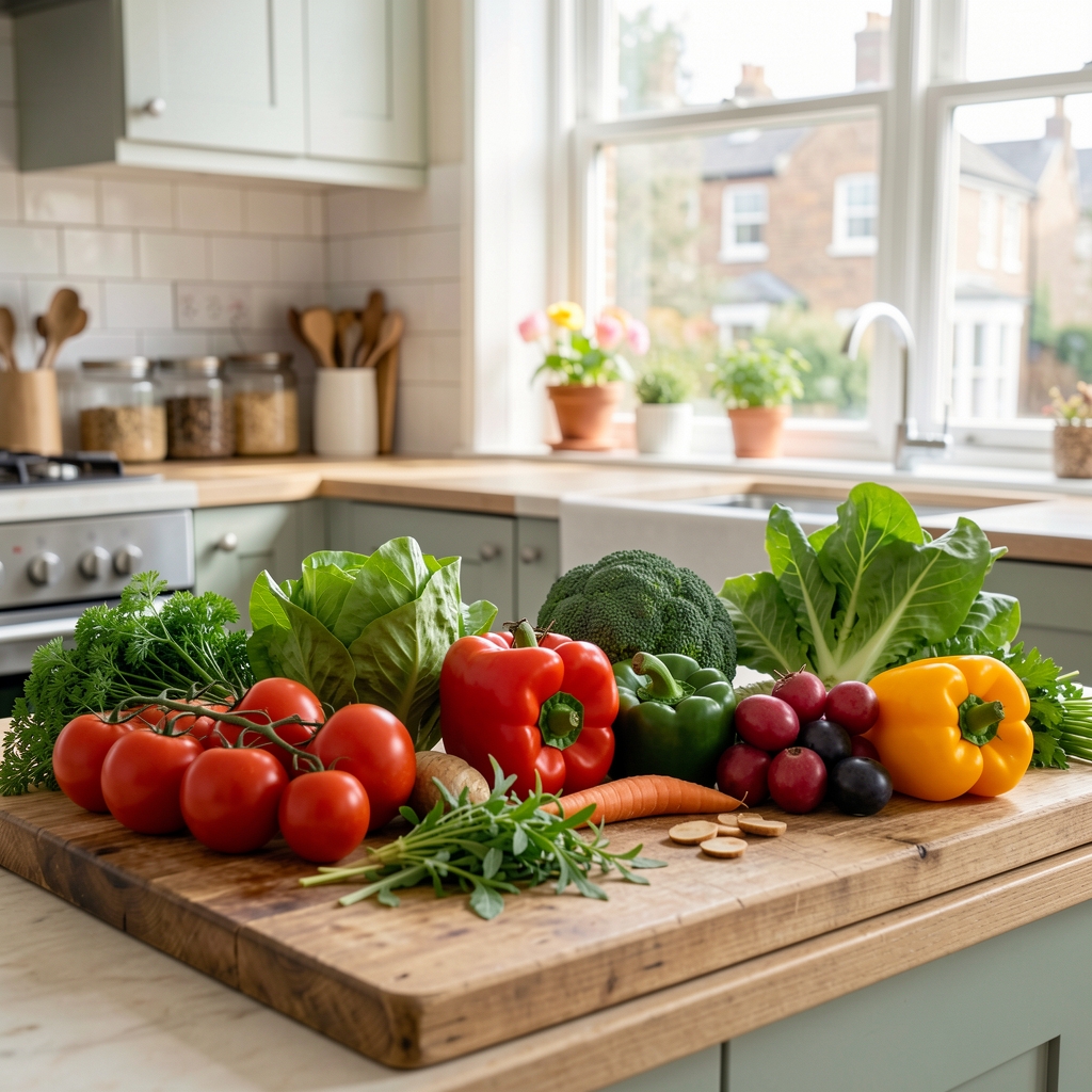 Vibrant seasonal produce arranged on a wooden preparation surface in a bright London kitchen — colourful vegetables and fresh herbs in natural daylight