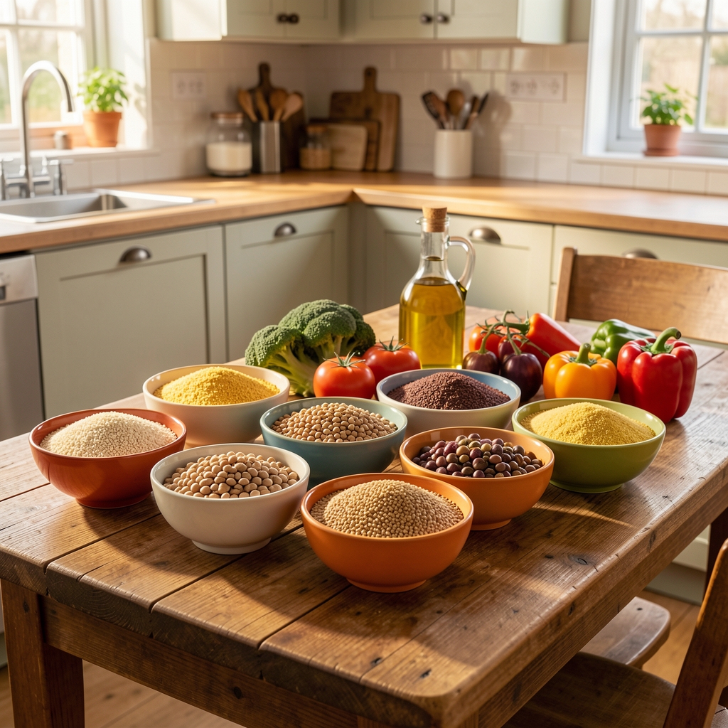 A wide-angle view of a wooden kitchen table set with colourful bowls of grains, legumes, seasonal vegetables and olive oil in warm natural morning light
