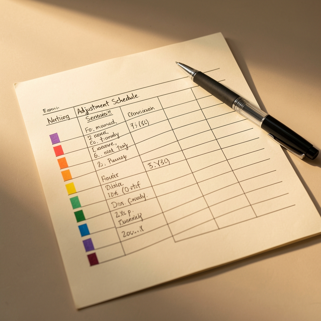 Handwritten nutritional adjustment schedule on cream paper with coloured section markers and a pen resting on top, lit from the side in warm light