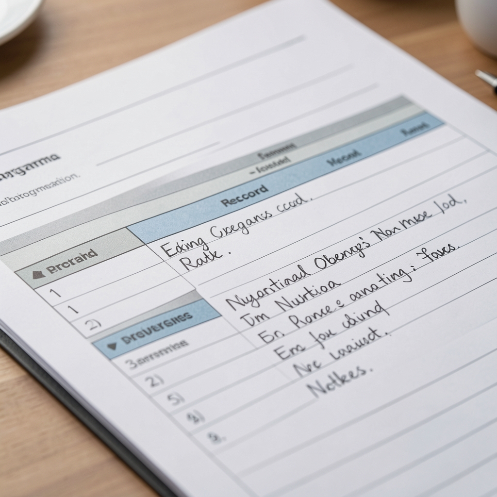 Close-up of a programme documentation file with tabbed sections, showing eating record pages and nutritional observation notes in neat handwriting