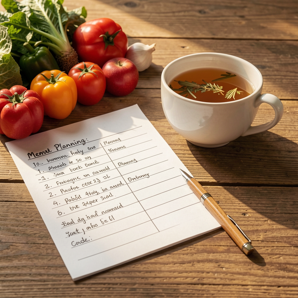 A handwritten meal planning sheet alongside seasonal produce and a cup of herbal tea on a wooden table in warm afternoon light